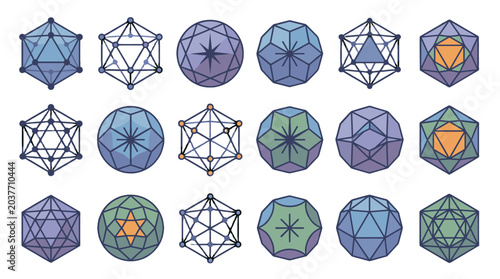 Foto Set of abstract geometric polyhedron icons in flat vector style