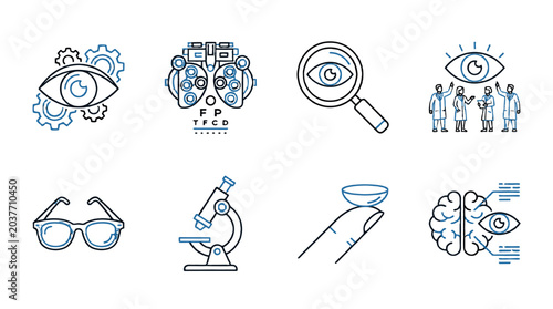 Foto Thin line eye care and vision medicine icon set