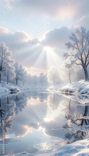 Winter Forest Scene with Sun Rays over Frozen River Isolated on Transparent Background