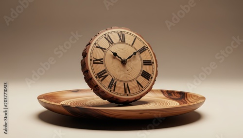Wooden Clock Face with Roman Numerals Resting on Matching Wood Base Isolated on Transparent Background