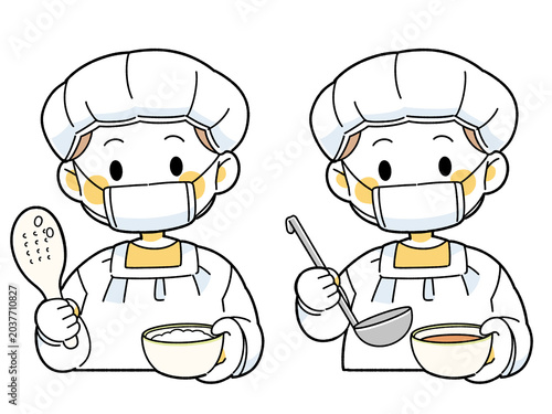 割烹着を着て食事を用意する人のイラスト