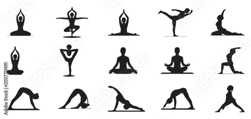 Schilderij op canvas Seated meditation and lotus yoga pose silhouettes set