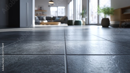 Dark gray porcelain tile flooring in a modern interior with matte finish and subtle texture