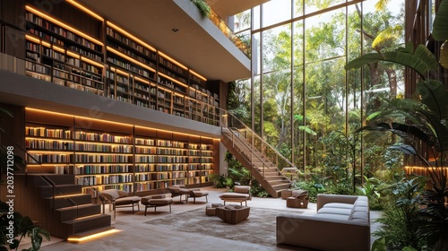 Modern jungle library interior, reading nook, natural light