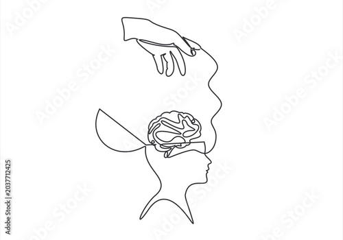 showing a hand connecting a line to a head with a tangled thought. Concept Illustration of Hand Pulling Neural Connections from a Human Brain for Psychology and Artificial Intelligence