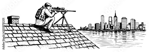 Quadro su tela Sniper on city rooftop silhouette panorama, assassin on roof overlooking urban s