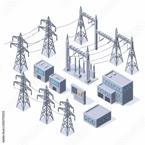 Quadro su tela Electrical power grid infrastructure with pylons and substations.