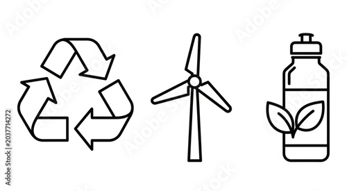 Eco-friendly icons of recycling symbol wind turbine and reusable bottle with leaves
