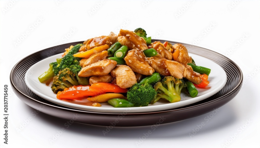 Fototapeta premium stir fried chicken and vegetables on a plate white isolate background
