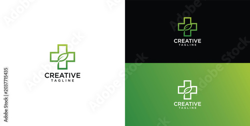 Minimalist medical cross logo with green leaf accent and customizable text for healthcare and wellness brands