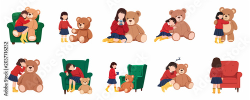 Cuadro en lienzo Set of vector illustrations featuring a young girl and her giant teddy bear in v