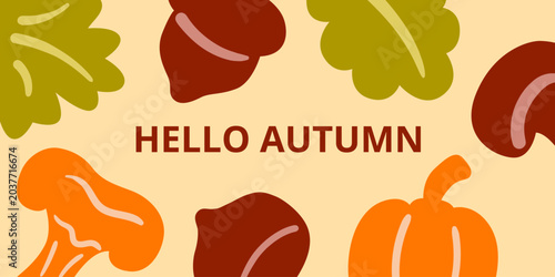 Autumn banner with hello autumn text and colorful silhouette leaves, acorn, mushroom, pumpkin, and croissant on beige background