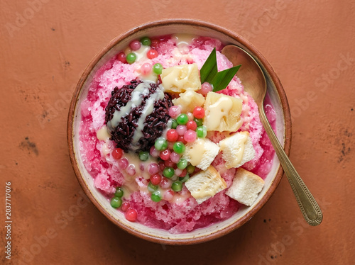 Indonesian Shaved Ice Dessert with Black Sticky Rice and Pearls
