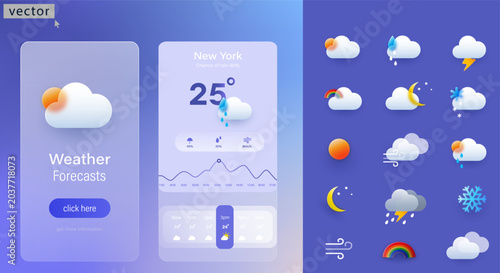 Vector weather forecast icons in glass morphism style with transparent effect. Vector illustration.