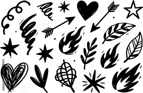 Foto Set of black hand drawn doodle elements like stars hearts arrows leaves and fire shapes