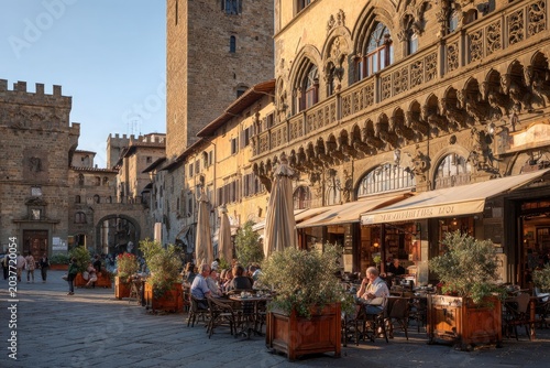 Historic European town square with outdoor cafe seating at golden hour