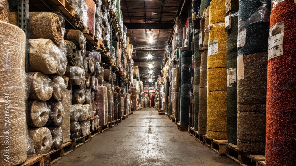 Fototapeta premium Inventory of carpet rolls organized on shelving and pallets