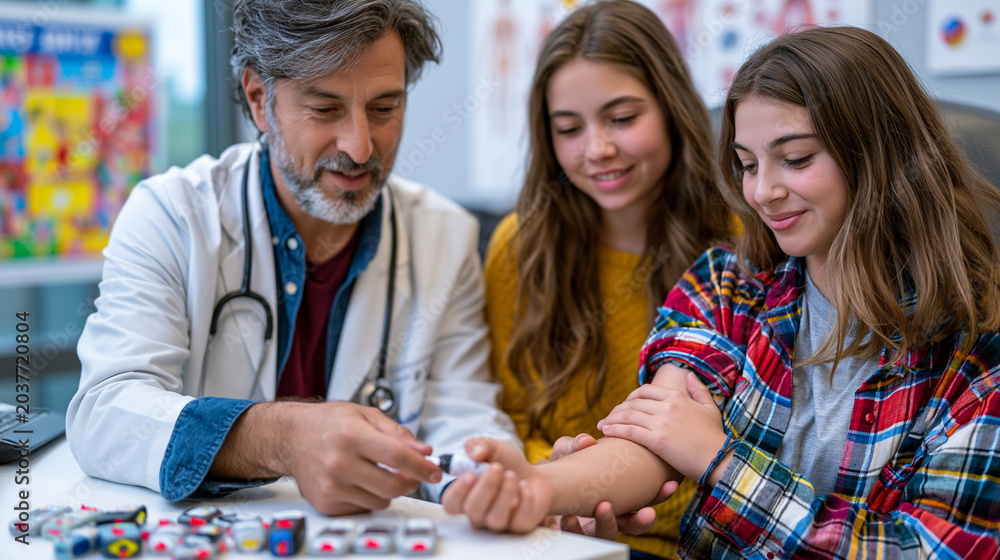Fototapeta premium Endocrinologist demonstrating continuous glucose monitor sensor application technique to teenage diabetes patient and anxious parent, exam room counter holding multiple device options, educational p
