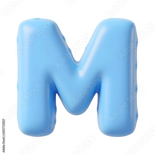 3D realistic rendering of a bright blue balloon letter M against a white background, perfect for branding and design projects