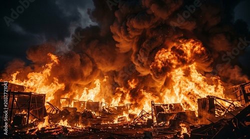 A massive fire engulfs a cityscape at night with flames and smoke destroying buildings and infrastructure rapidly