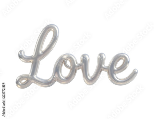 Silver script word 'love' floating on white background, a symbol of affection, romance, and a popular sentiment for special occasions and relationships