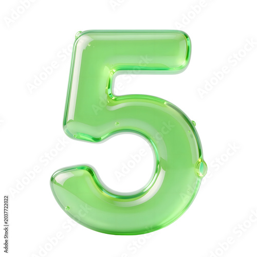 Glossy green number 5 illustration with small bubbles, symbolizing growth and positivity, isolated on a white background for various design purposes