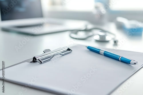 Medical Marketing Medical workspace with paperwork and tools. professional stock content marketing concept