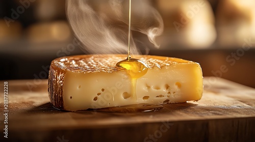 Melted Marketing Melted cheese drizzled with honey on wood. professional stock content marketing concept