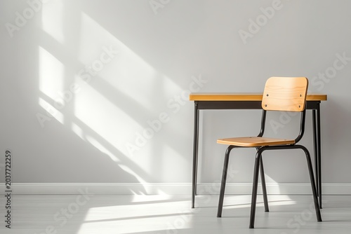 Minimalistic Marketing Minimalistic desk with chair in bright room. professional stock content marketing concept