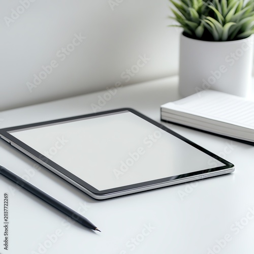 Minimalist Marketing Minimalist workspace with tablet and notebook. professional stock content marketing concept