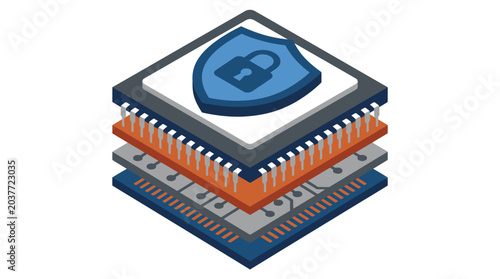 3d illustration of a cybersecurity chip with a shield and lock icon on top representing digital security data protection encryption cyber defense technology network security hardware