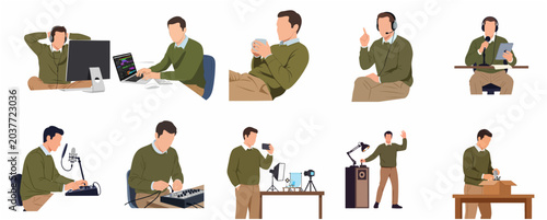 Foto Set of flat vector illustrations of a male content creator, podcaster, and music