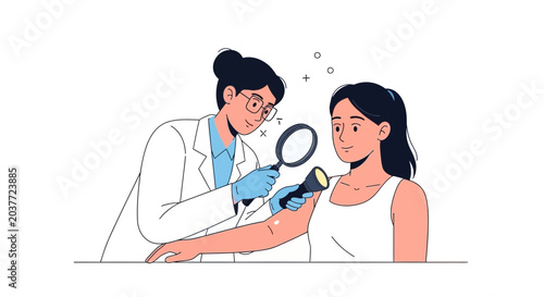 Dermatologist examining skin with magnifying glass and light | Medical Illustration