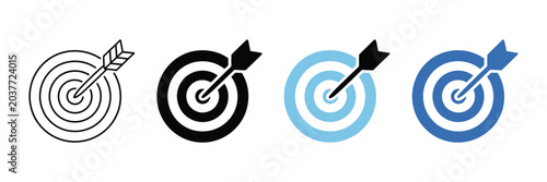 Business strategy and success target icon set with arrow hitting bullseye vector graphic isolated on white background.