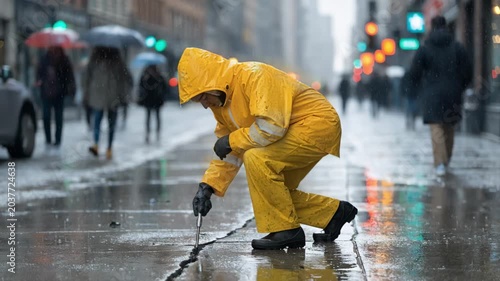 Safety investigator inspecting a crack on a sidewalk at the trip hazard location with pedestrians and street elements softly out of focus.