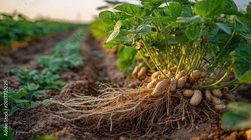 Closeup view of uprooted peanut plants with roots and pods in a rural farm setting