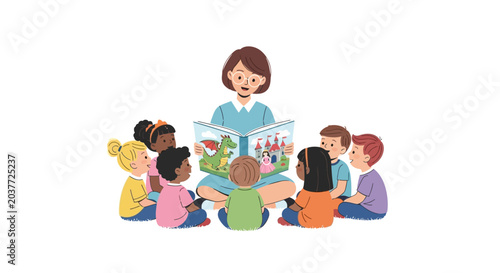 Teacher reading a book to a diverse group of children.