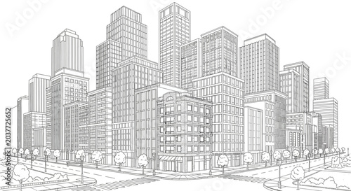 A detailed line drawing of a modern city with numerous skyscrapers and street intersections, showcasing urban architecture.