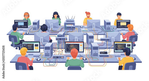 People working together in a modern office with computers.