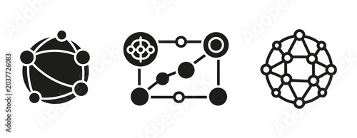 Collection of abstract interconnected network icons representing data transfer, technological systems, and global communication for digital and scientific design projects