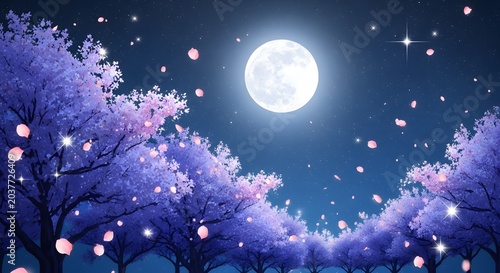 Enchanting moonlit night with delicate cherry blossoms falling softly, creating a dreamlike landscape under a starry sky, evoking serenity and romantic wonder
