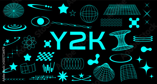 Large set of Y2K futuristic design elements in cyan on black background, retro digital vector collection