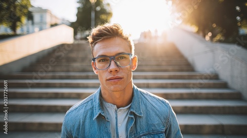 Casual street-style portrait on outdoor stairs featuring summer eyewear with light-shifting lenses