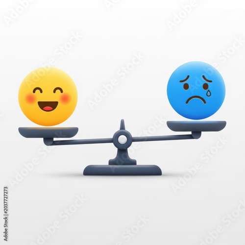 3d illustration of a scale balancing a happy yellow emoji and a sad blue emoji isolated on white background