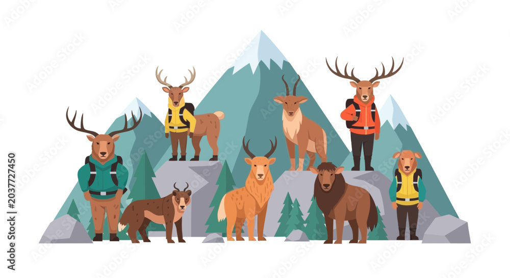 Naklejka premium Cute Cartoon Deer and Mountain Goats Family Hiking in Snowy Mountains Landscape