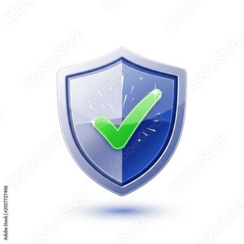 3d shield icon with a green check mark isolated on white background