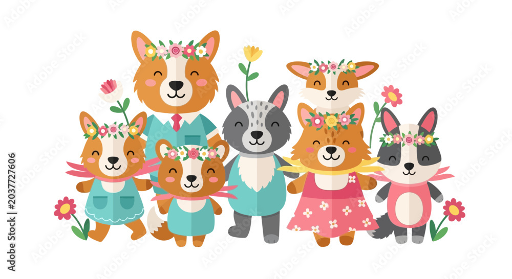 Naklejka premium Cute Cartoon Animal Family with Flower Wreaths and Floral Decoration on White Background