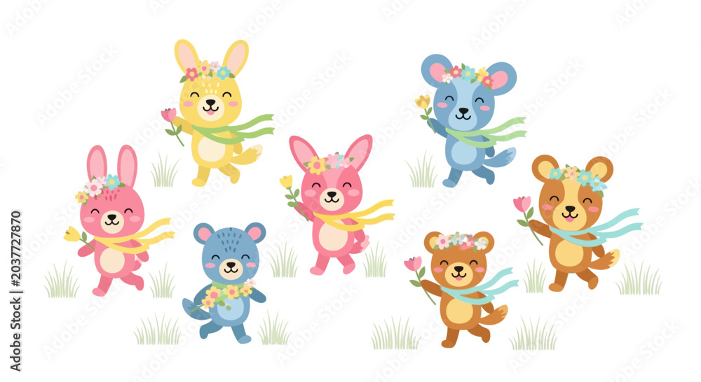 Fototapeta premium Cute cartoon animals with flowers and scarves, set of happy spring characters