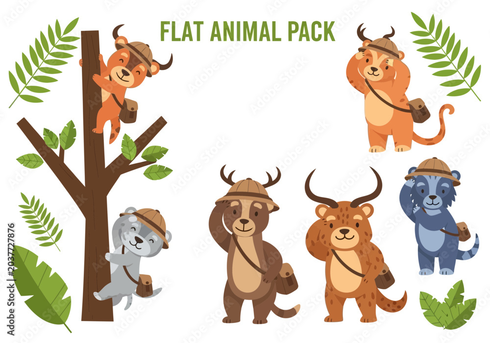 Fototapeta premium Cute Cartoon Animals, Safari Theme, Vector Illustrations