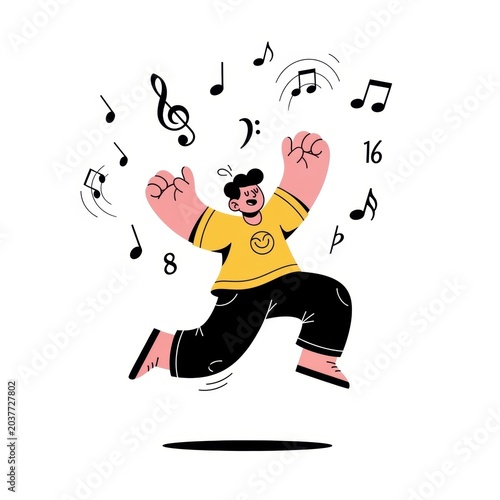 Happy man jumping with musical notes, energetic person listening to music, vector illustration isolated on white background